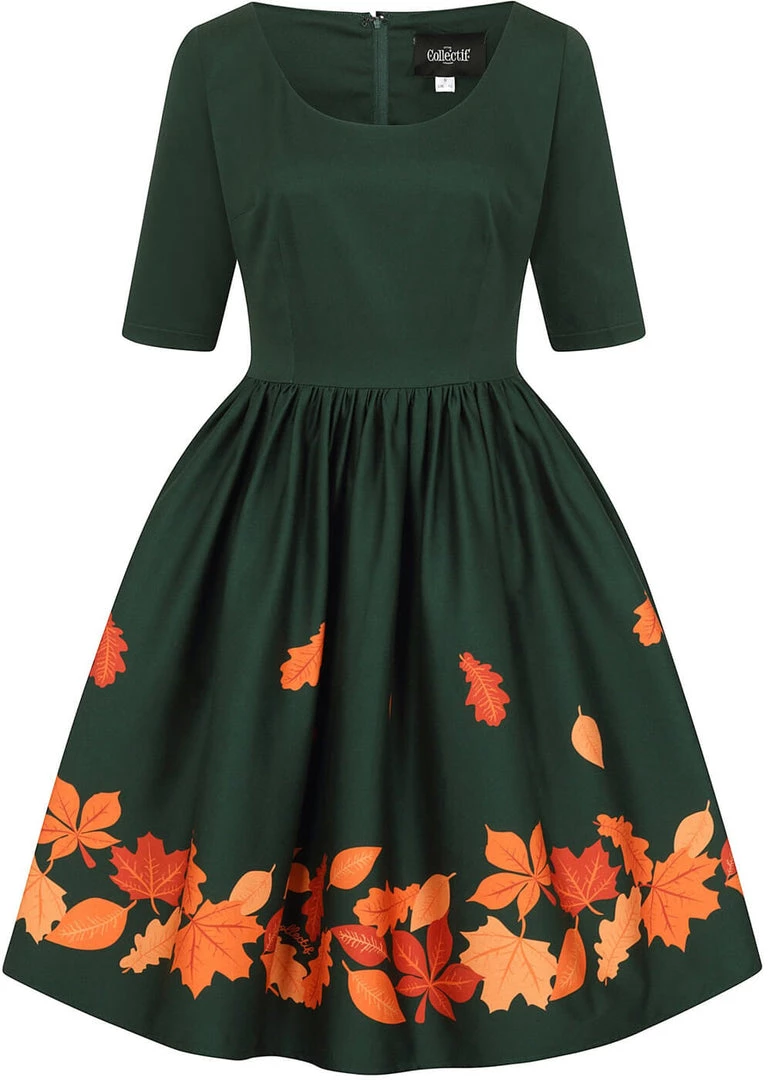 Collectif Amber Lea Leaves 50's Swing Dress Green New In