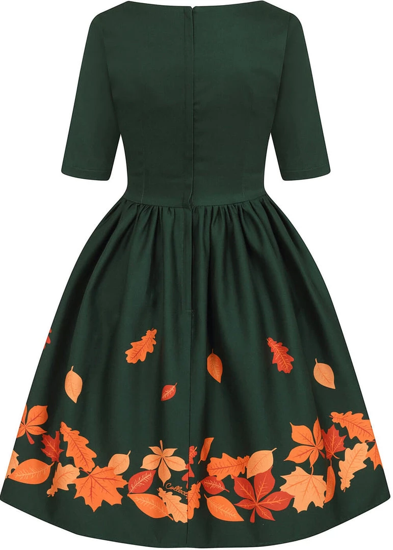 Collectif Amber Lea Leaves 50's Swing Dress Green New In
