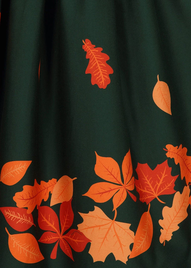 Collectif Amber Lea Leaves 50's Swing Dress Green New In