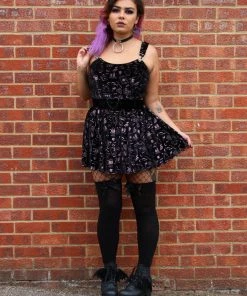 New In Collectif Rochelle Spooky Velvet 80's Skater Dress Black
