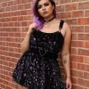 New In Collectif Rochelle Spooky Velvet 80's Skater Dress Black