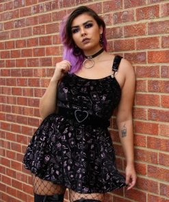 New In Collectif Rochelle Spooky Velvet 80's Skater Dress Black