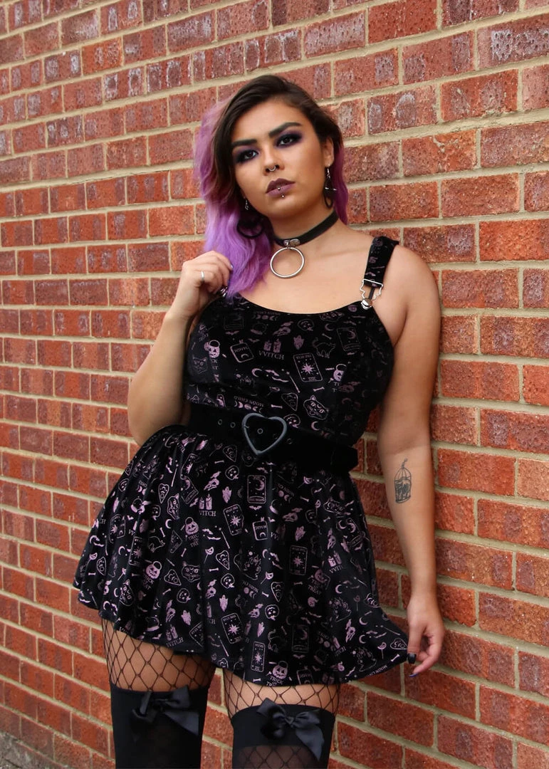 New In Collectif Rochelle Spooky Velvet 80's Skater Dress Black