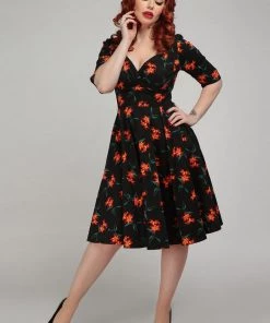 New In Collectif Trixie Midnight Lily 50's Swing Dress Black