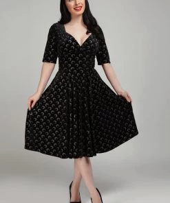 Collectif Trixie Glitter Moon Velvet 50's Swing Dress Black Silver New In