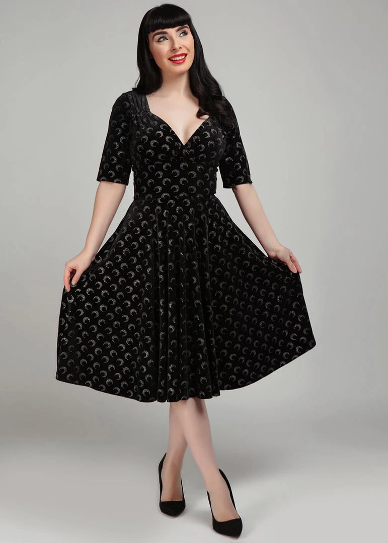 Collectif Trixie Glitter Moon Velvet 50's Swing Dress Black Silver New In