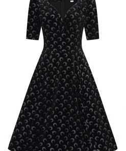 Collectif Trixie Glitter Moon Velvet 50's Swing Dress Black Silver New In