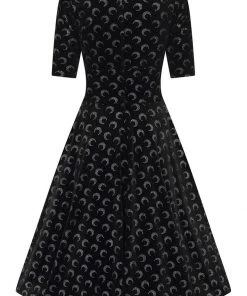 Collectif Trixie Glitter Moon Velvet 50's Swing Dress Black Silver New In