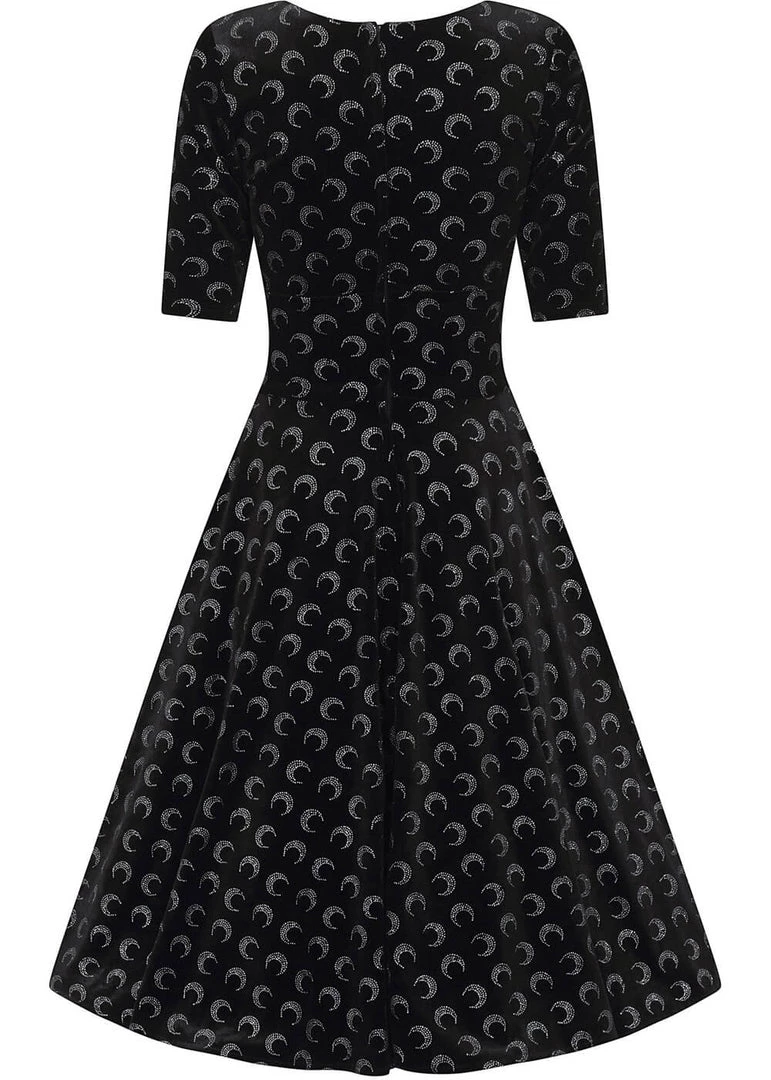 Collectif Trixie Glitter Moon Velvet 50's Swing Dress Black Silver New In