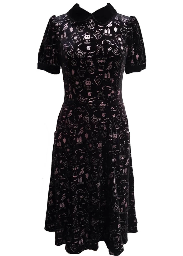 Collectif Peta Spooky Velvet 40's Swing Dress Black New In