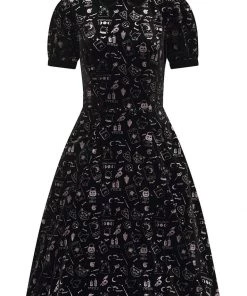 Collectif Peta Spooky Velvet 40's Swing Dress Black New In