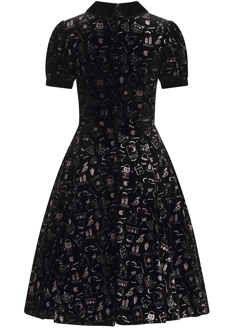 Collectif Peta Spooky Velvet 40's Swing Dress Black New In