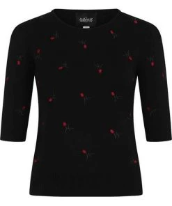 Collectif Chrissie Floral Embroidery Knitted 50's Top Black New In