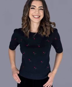 Collectif Chrissie Floral Embroidery Knitted 50's Top Black New In