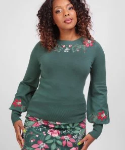 New In Collectif Stevie Escapist Floral 50's Jumper Green