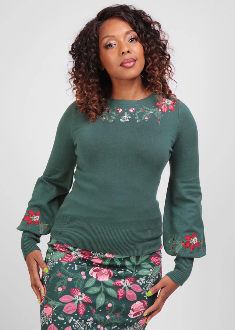 New In Collectif Stevie Escapist Floral 50's Jumper Green