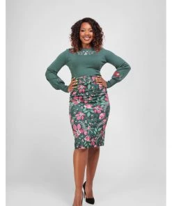 New In Collectif Juanita Escapist Floral 50's Pencil Skirt Multi