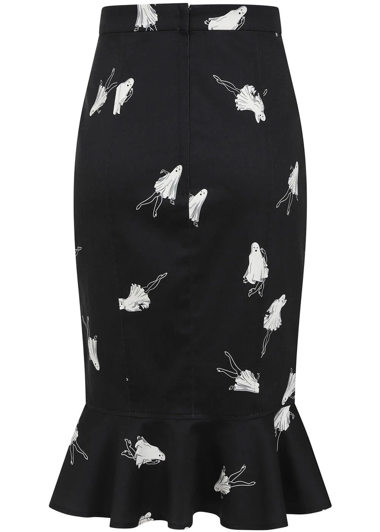 Collectif Winifred Pinup Ghouls 50's Fishtail Skirt Black White New In