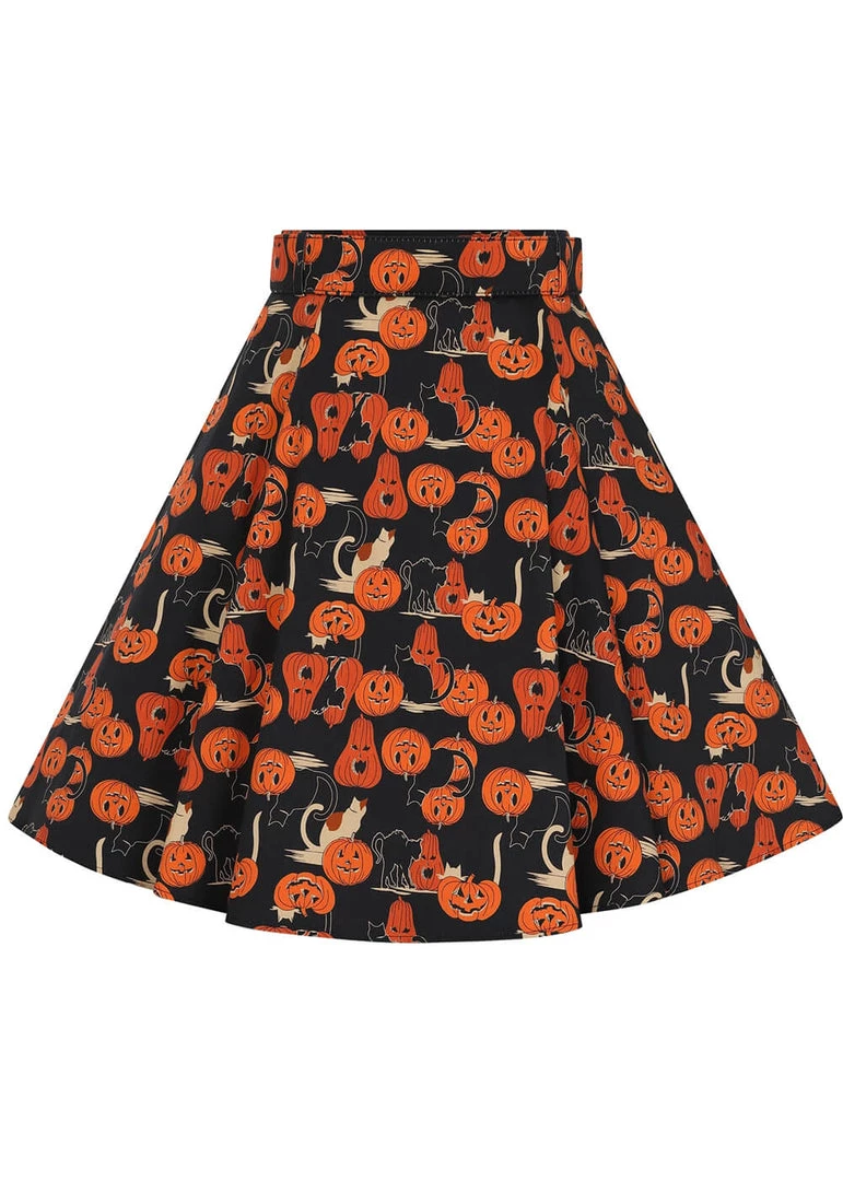 New In Collectif Trinette Pumpkins And Cats 50's Swing Skirt Black Orange