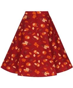New In Collectif Silvia Hedgehog & Leaves 50's Swing Skirt Red