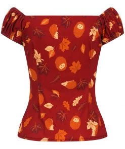 Collectif Dolores Hedgehogs And Leaves 50's Top Red New In
