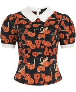 Collectif Peta Pumpkins And Cats 40's Top Black Orange