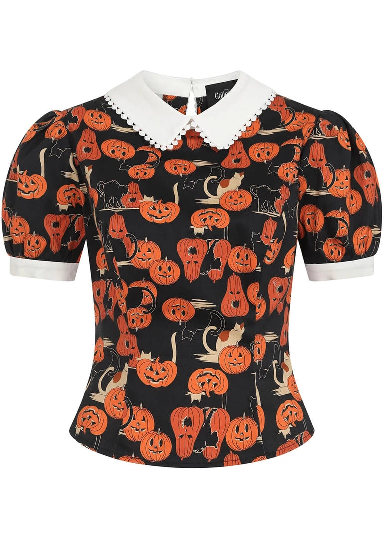 Collectif Peta Pumpkins And Cats 40's Top Black Orange