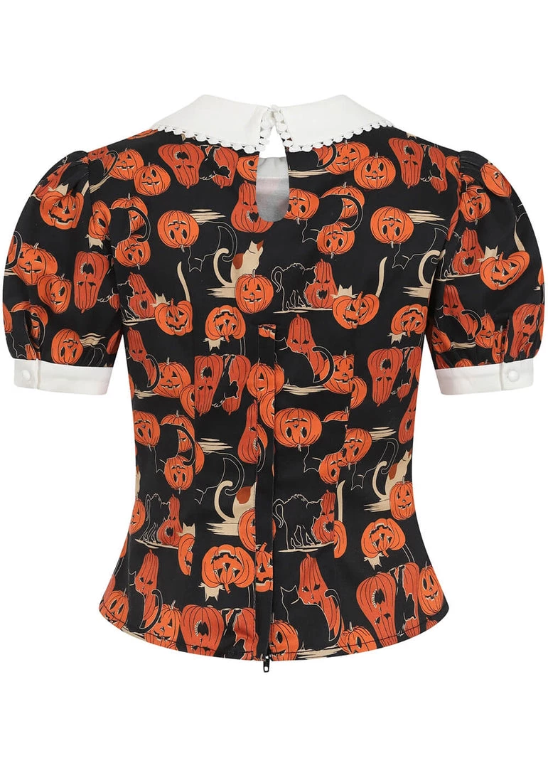 Collectif Peta Pumpkins And Cats 40's Top Black Orange