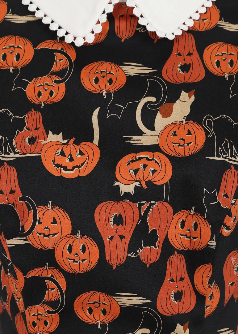 Collectif Peta Pumpkins And Cats 40's Top Black Orange