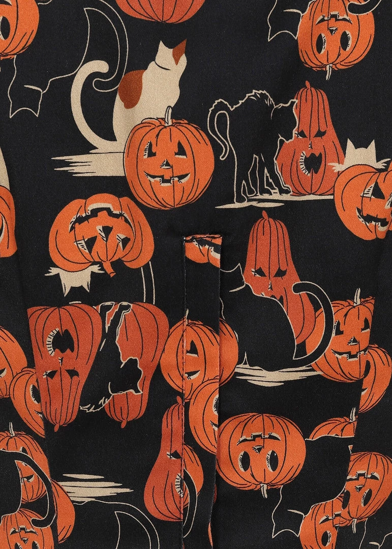 Collectif Peta Pumpkins And Cats 40's Top Black Orange
