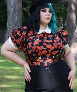 Collectif Peta Pumpkins And Cats 40's Top Black Orange