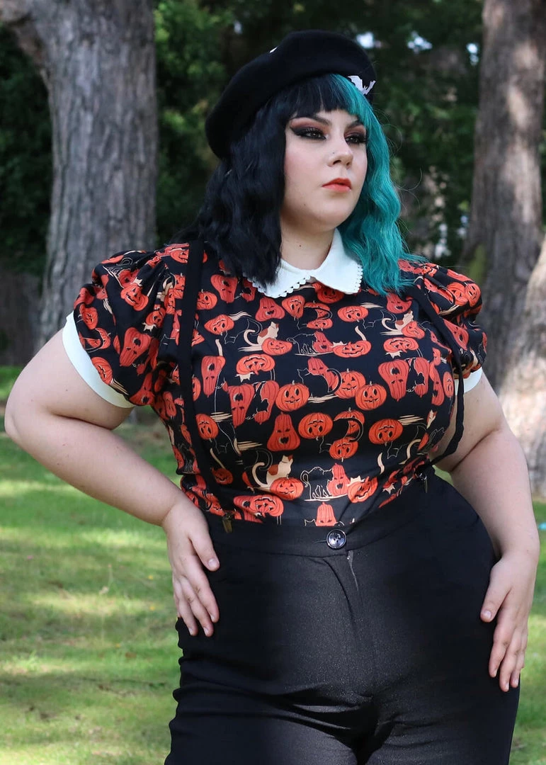 Collectif Peta Pumpkins And Cats 40's Top Black Orange