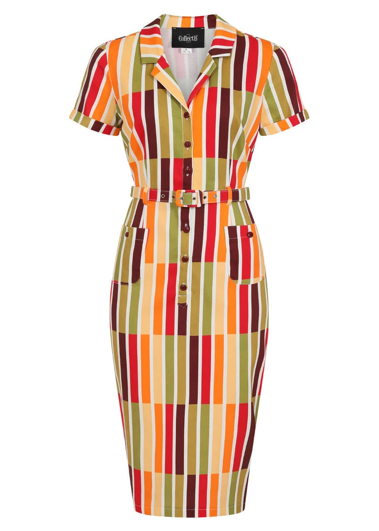 New In Collectif Caterina Alternate Stripe 50's Pencil Dress Multi