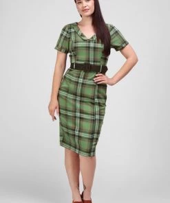 Collectif Pavel Dales Check 40's Pencil Dress Green