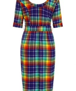New In Collectif June Rainbow Check 50's Pencil Dress Multi