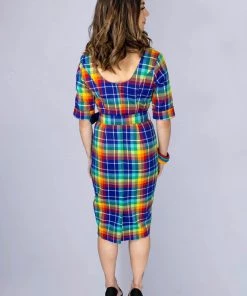 New In Collectif June Rainbow Check 50's Pencil Dress Multi