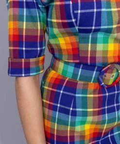New In Collectif June Rainbow Check 50's Pencil Dress Multi