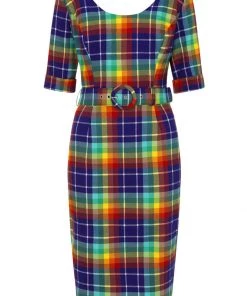 New In Collectif June Rainbow Check 50's Pencil Dress Multi