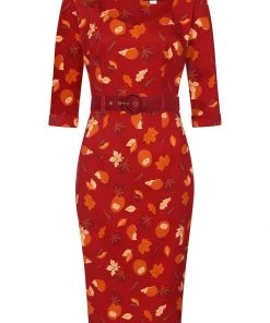 New In Collectif Katya Hedgehogs And Leaves 50's Pencil Dress Red