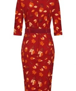 New In Collectif Katya Hedgehogs And Leaves 50's Pencil Dress Red
