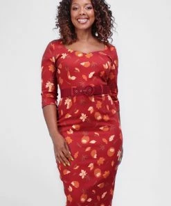 New In Collectif Katya Hedgehogs And Leaves 50's Pencil Dress Red
