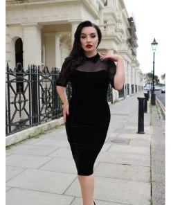 Collectif Wednesday Velvet 50's Pencil Dress Black New In