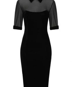 Collectif Wednesday Velvet 50's Pencil Dress Black New In