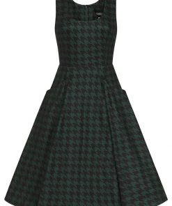 Collectif Gael Houndstooth Pinafore 40's Swing Dress Green
