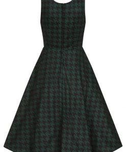 Collectif Gael Houndstooth Pinafore 40's Swing Dress Green