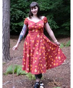 New In Collectif Dolores Hedgehogs & Leaves 50's Swing Dress Red
