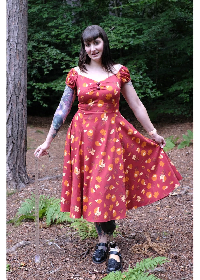 New In Collectif Dolores Hedgehogs & Leaves 50's Swing Dress Red