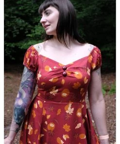 New In Collectif Dolores Hedgehogs & Leaves 50's Swing Dress Red