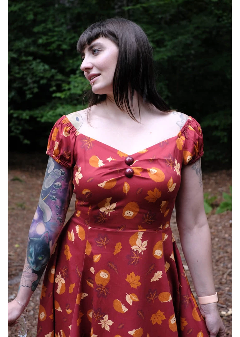 New In Collectif Dolores Hedgehogs & Leaves 50's Swing Dress Red