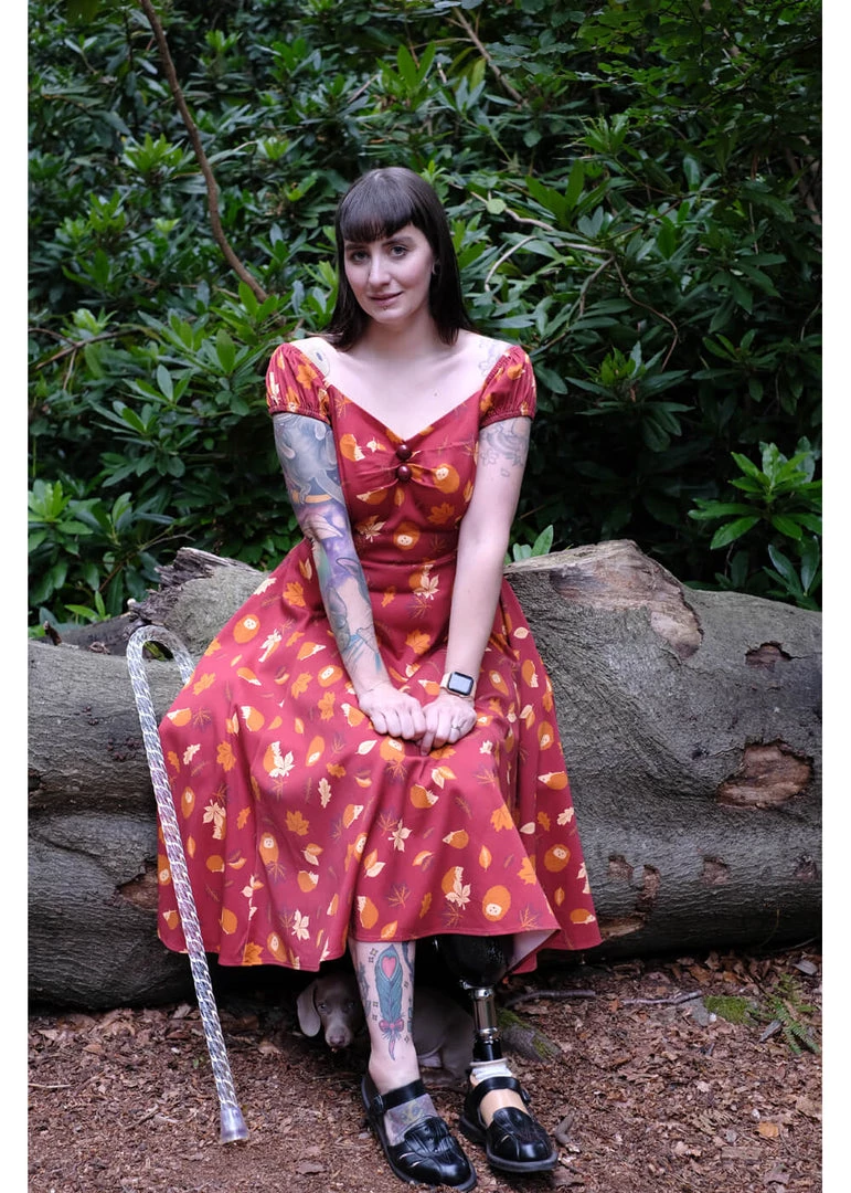 New In Collectif Dolores Hedgehogs & Leaves 50's Swing Dress Red